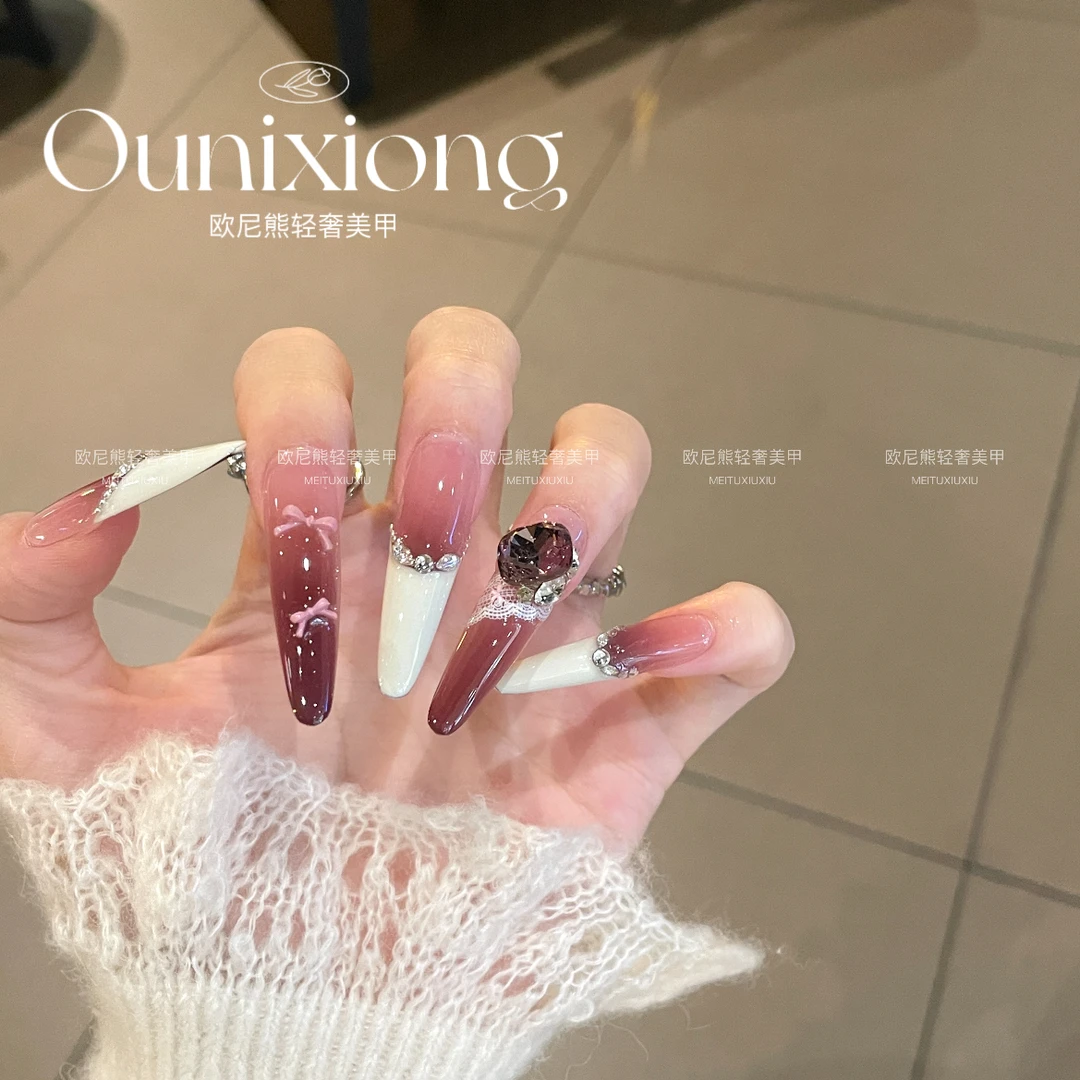 纯手工穿戴甲甜酷高级辣妹欧美风细狗红色渐变新款显白高级甲片