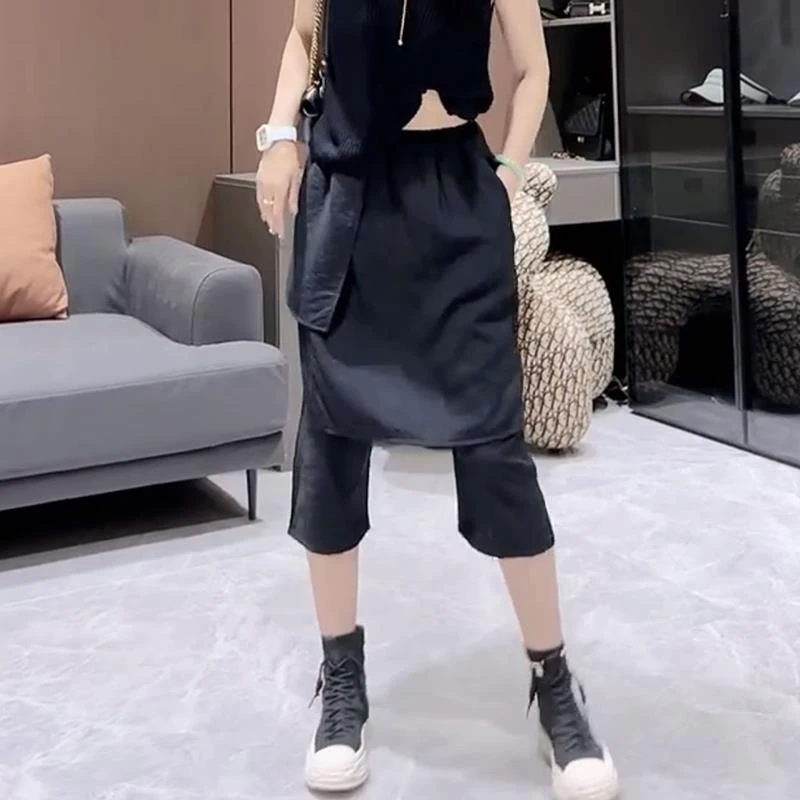八分裤女夏季薄款梨型身材遮胯显瘦百搭休闲裤假两件设计拼接裤裙