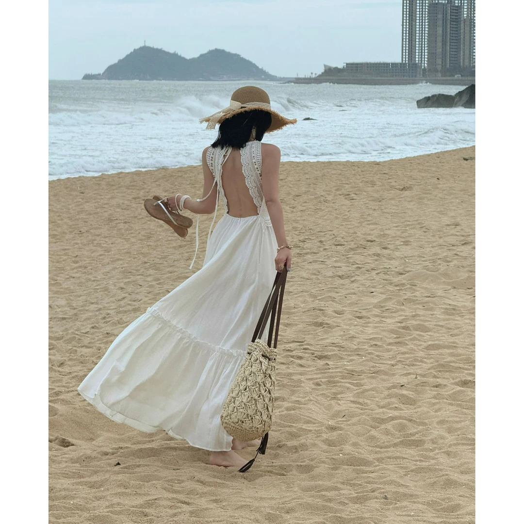 【白羽】法式白月光大摆长款连衣裙夏日海边度假V领吊带连衣裙
