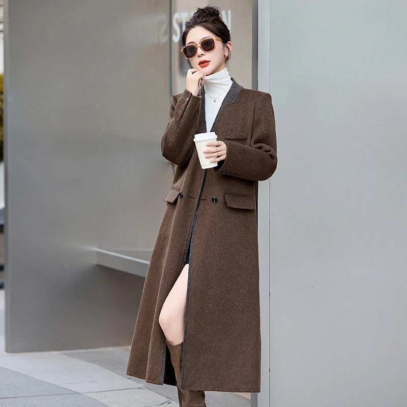 女式毛呢外套冬季新款女双排一粒扣V领长款双面羊毛呢大衣 SX3057