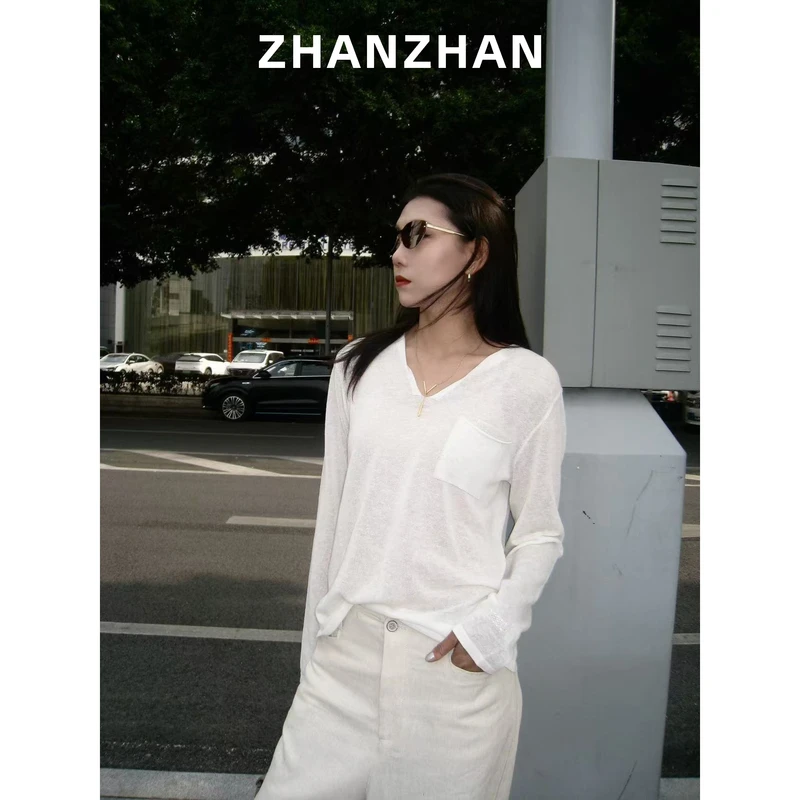 ZHANZHAN【菲林假日】春夏V领薄款慵懒感针织罩衫上衣女 ZZS14826