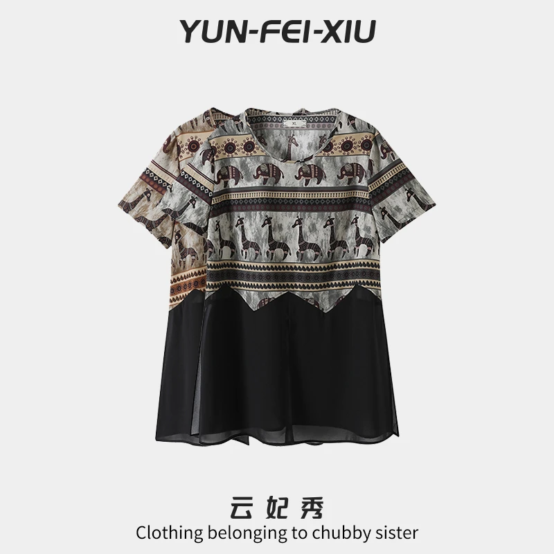 云妃秀大码女装T恤休闲时尚胖妹妹显瘦宽松韩版百搭上衣夏季78006