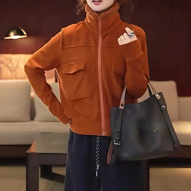 长袖高领拉链卫衣外套女2025秋冬新款韩版加绒加厚口袋拼接上衣潮