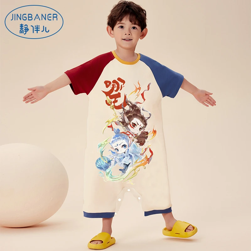 男童睡衣春夏季莫代尔男宝宝婴儿连身睡袋儿童短袖薄款连体家居服