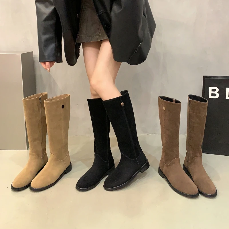 不过膝长筒靴女2025秋冬新款百搭显瘦高筒靴西部牛仔靴粗跟骑士靴