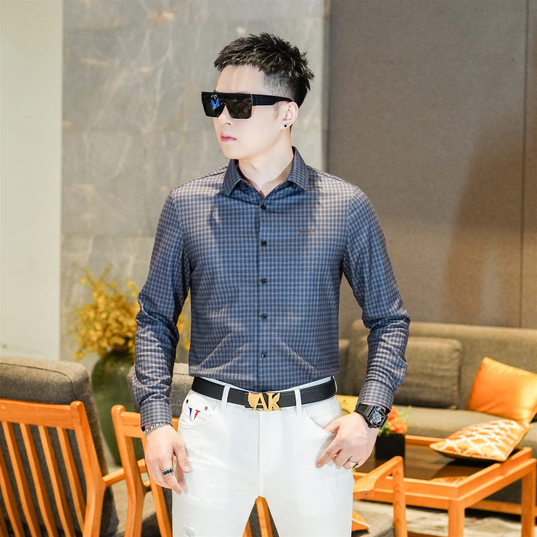 2025秋冬厚款绒感兰格衬衫商务时尚爸爸装小格子柔软衬衣GL17135