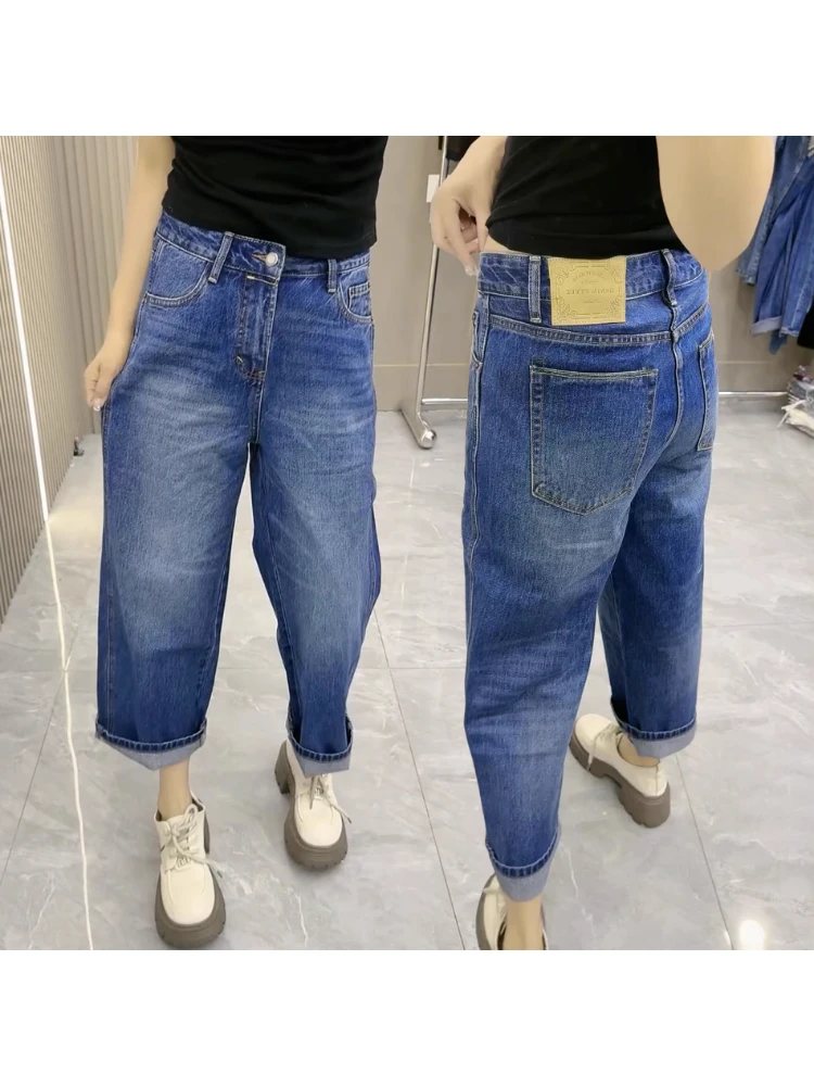 秋季新款高腰弹力显瘦直筒牛仔裤梨型大码时尚百搭窄版九分烟管裤