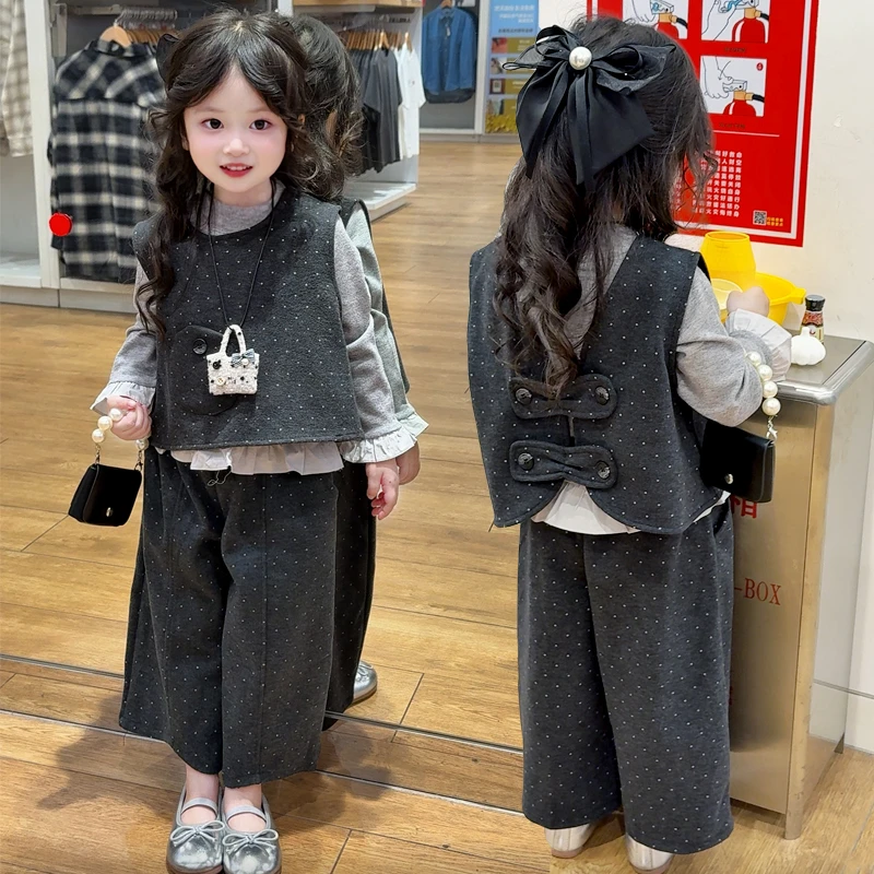 女童秋款套装2025新款儿童洋气时髦秋季小女孩圆点马甲裤子三件套