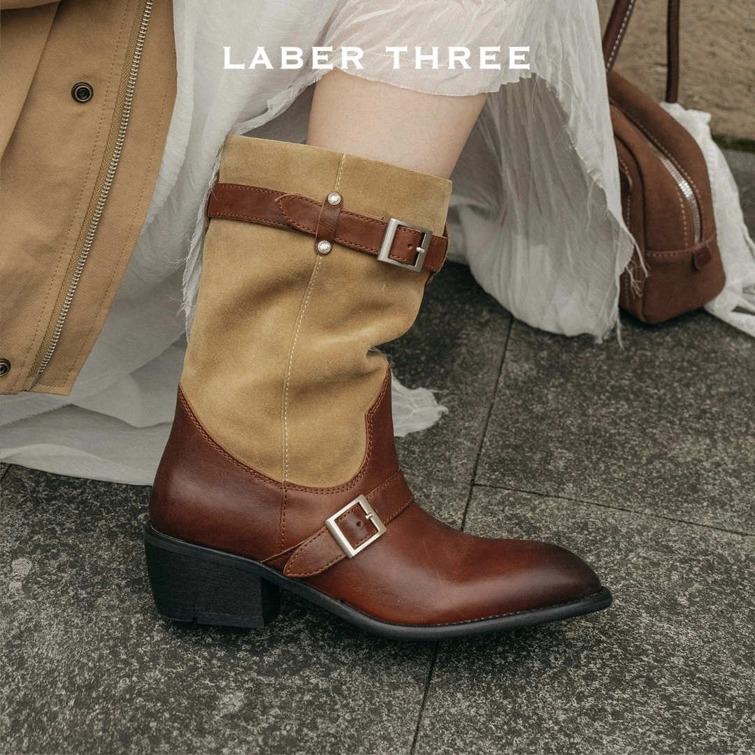 【李一桐同款】 LABERTHREE 流光风美拉德堆堆复古撞色时尚西部靴