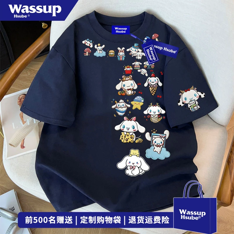 WASSUP HSUBE 街头日系玉桂狗印花短袖T恤男夏季ins百搭情侣上衣