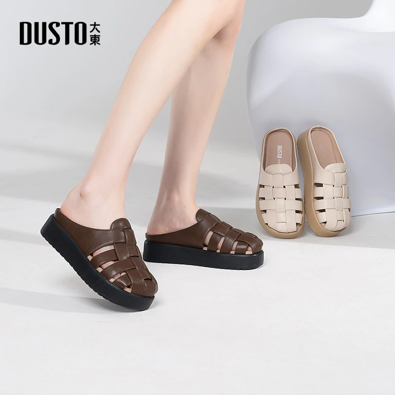 大东编织罗马凉拖2025夏季新款通勤外穿舒适厚底包头半拖鞋女0197
