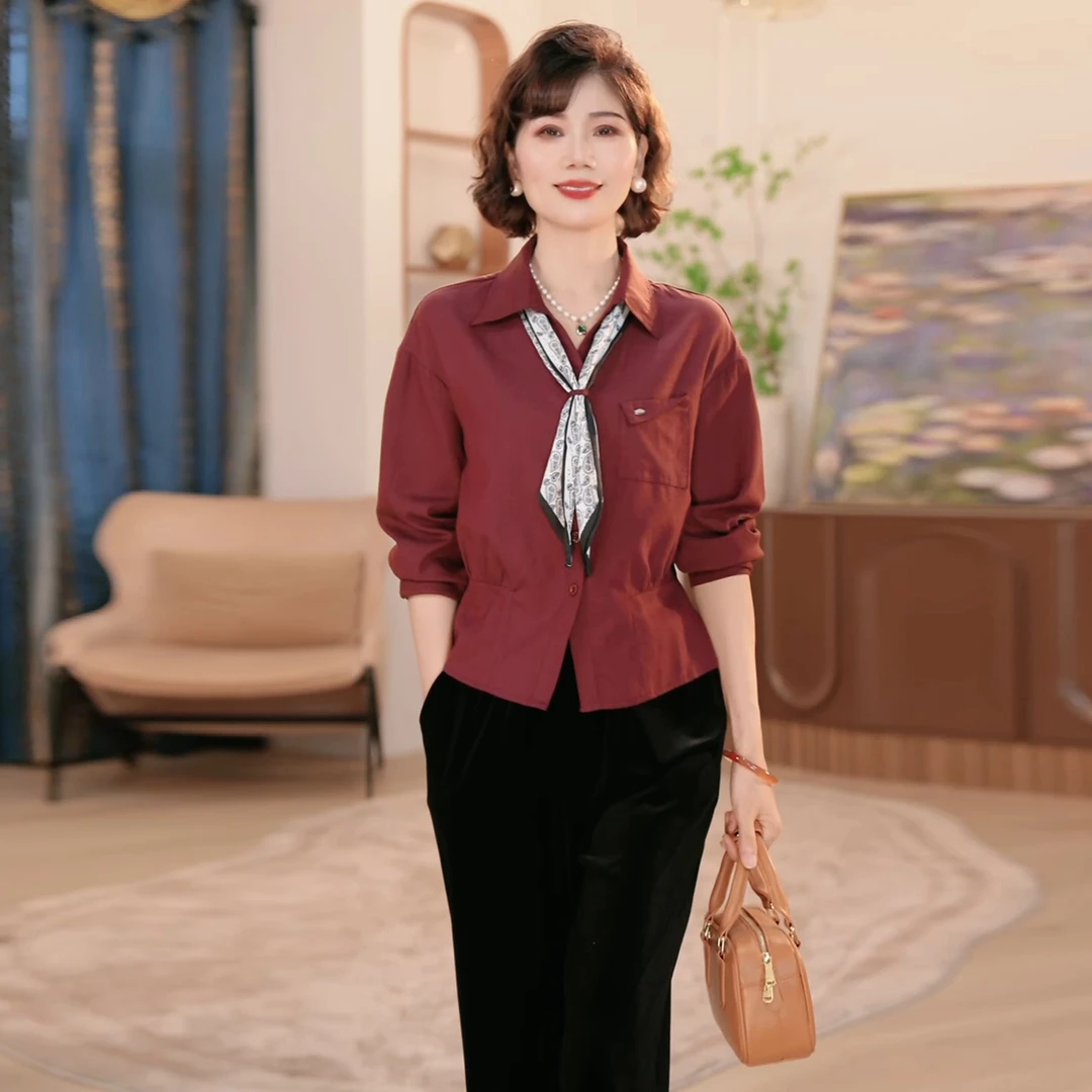 妈妈装早秋新款翻领长袖衬衫女中老年女装时尚洋气显瘦上衣两件套