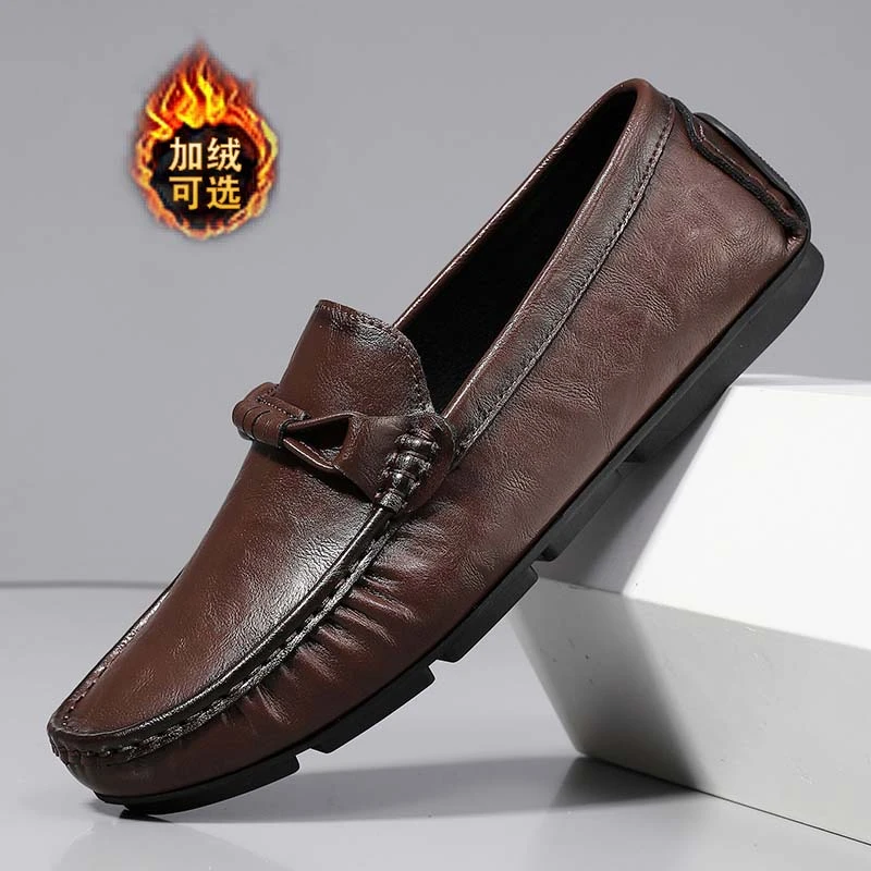 白小强秋冬新款男士真皮加棉豆豆鞋软底软面开车鞋透气舒适皮鞋