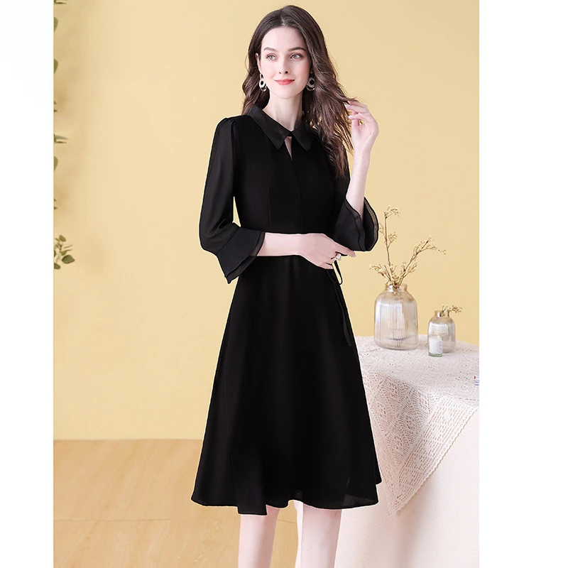 2025年新款淑女裙子黑色连衣裙秋季中长款气质显瘦轻熟风小黑裙