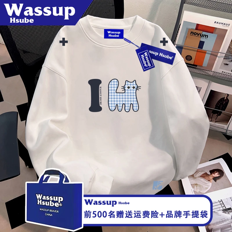 WASSUP HSUBE字母猫咪印花T恤男女款白色上衣ins秋100%棉流行长袖