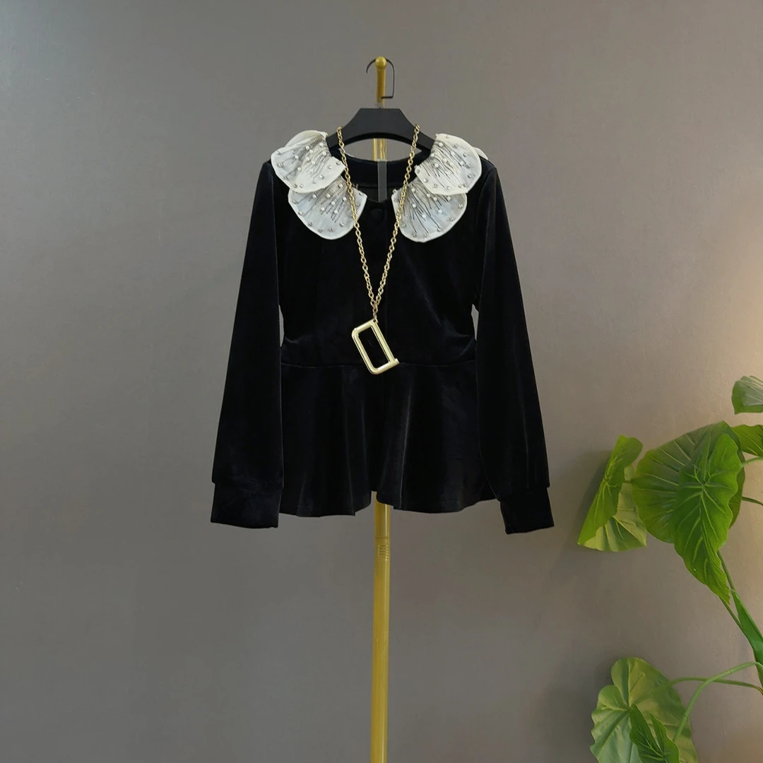 宽松型钉珠薄款丝绒娃娃领减龄时尚大码衬衫常规款长袖遮肉显瘦