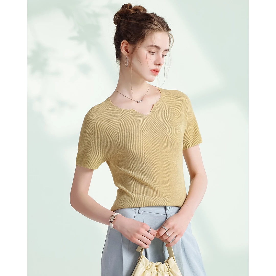 【达人】赛兔含桑蚕丝含金银丝T恤女简约百搭修身针织短袖525251003