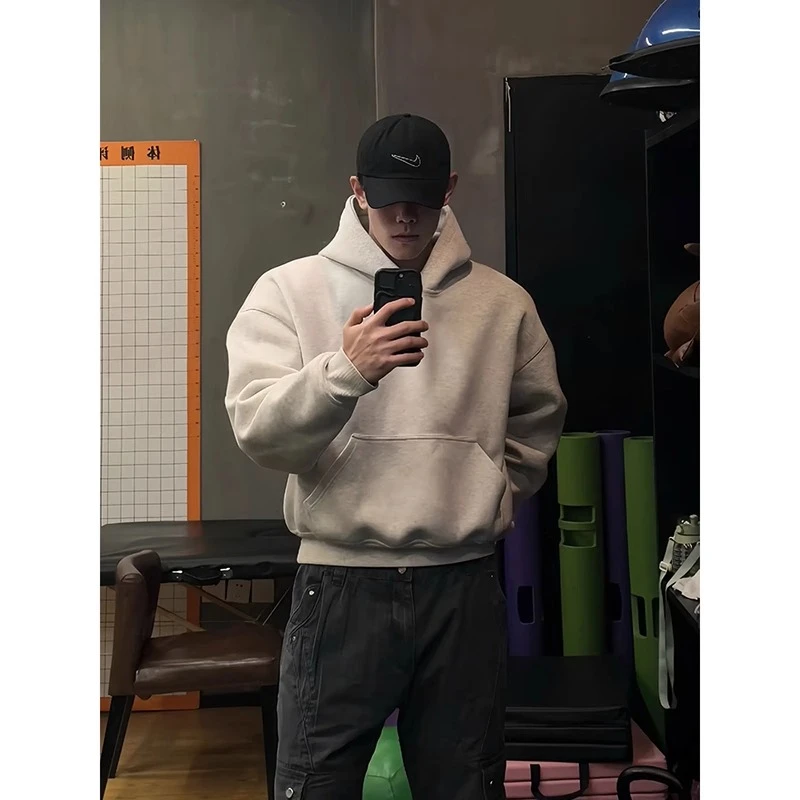 花灰色短宽boxy卫衣男秋冬500g重磅加绒连帽衫硬挺美式正肩外套