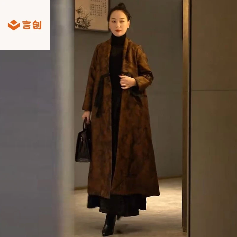 314春秋高端提花长款国风新中式A字裙摆风衣优雅气质大码风衣外套