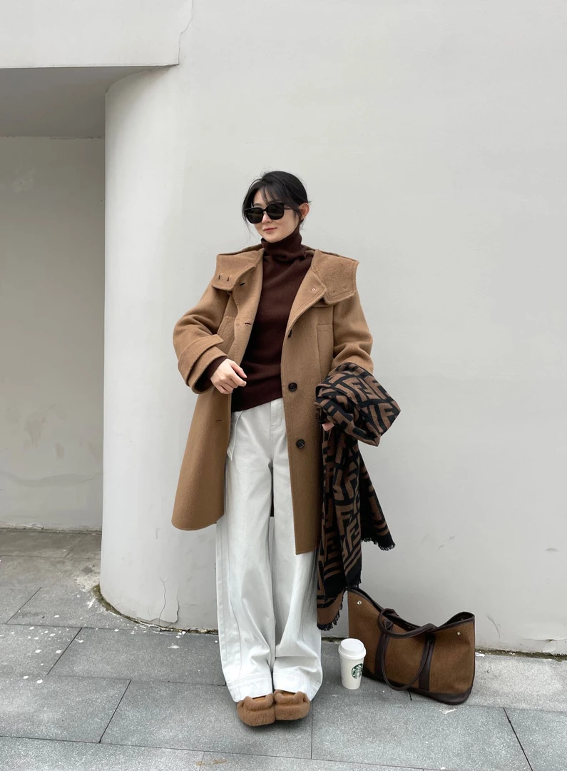 双面呢单排扣连帽中长款百搭气质大衣外套女13139TJ