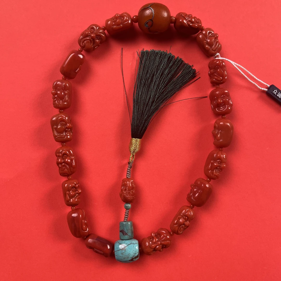 十八罗汉南红玛瑙+老蜡绿松配饰手持（孤品高货）9762