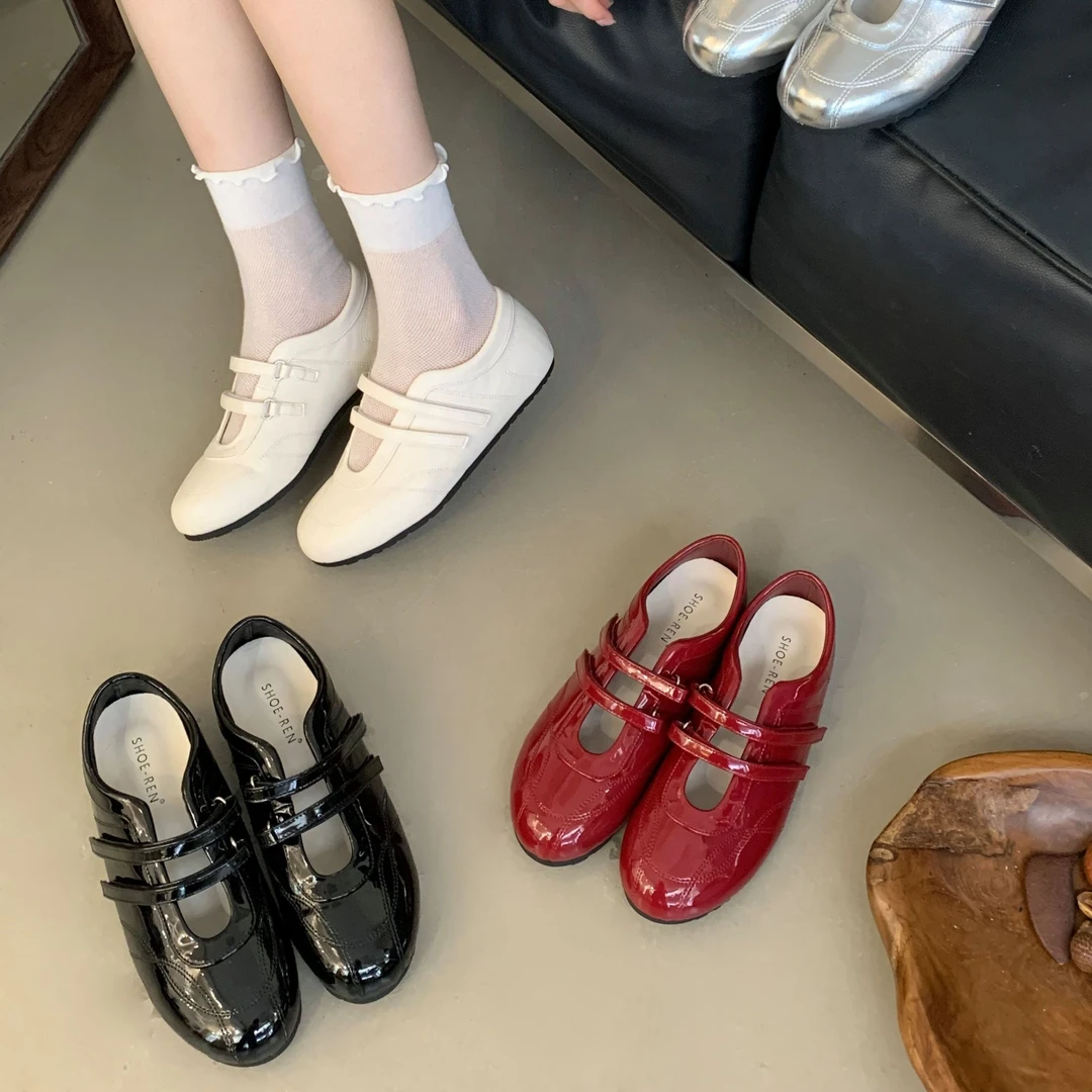 XYR-6658-1复古红色法式玛丽珍鞋魔术贴休闲芭蕾舞单鞋平底小皮鞋