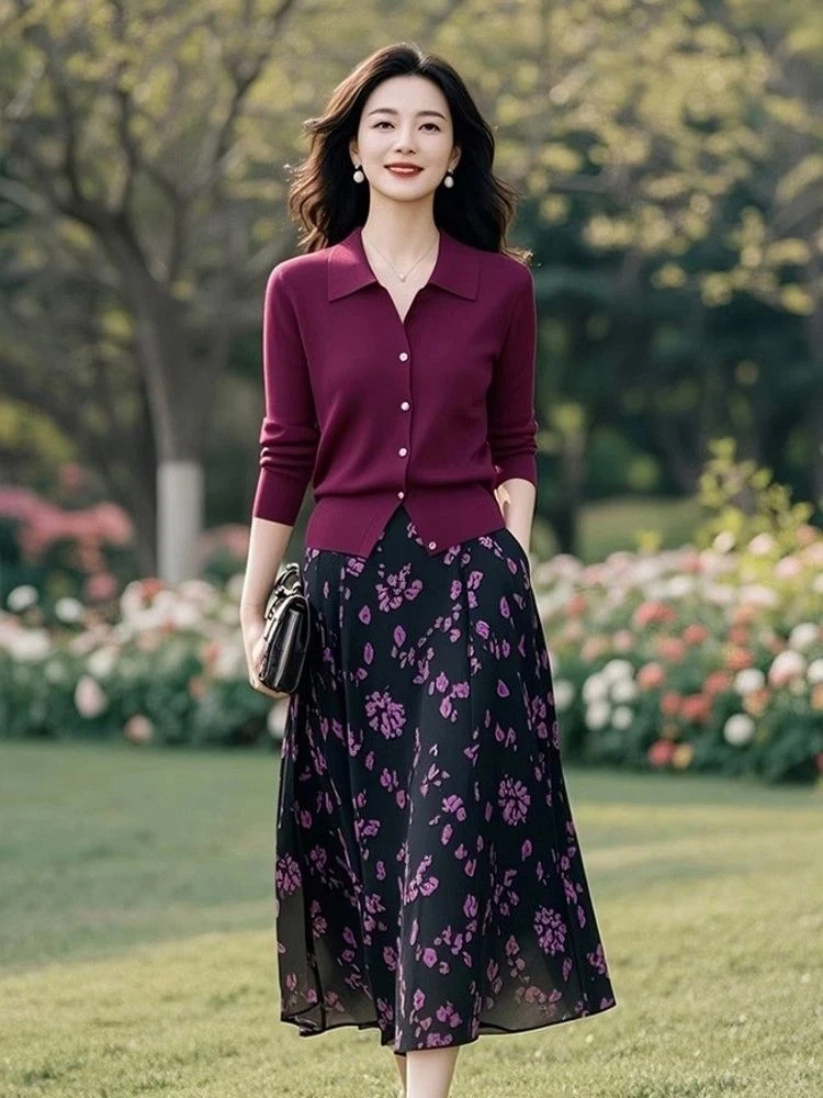 [工厂直销套装]早秋新款多巴胺翻领针织开衫碎花半身裙X155+Q206