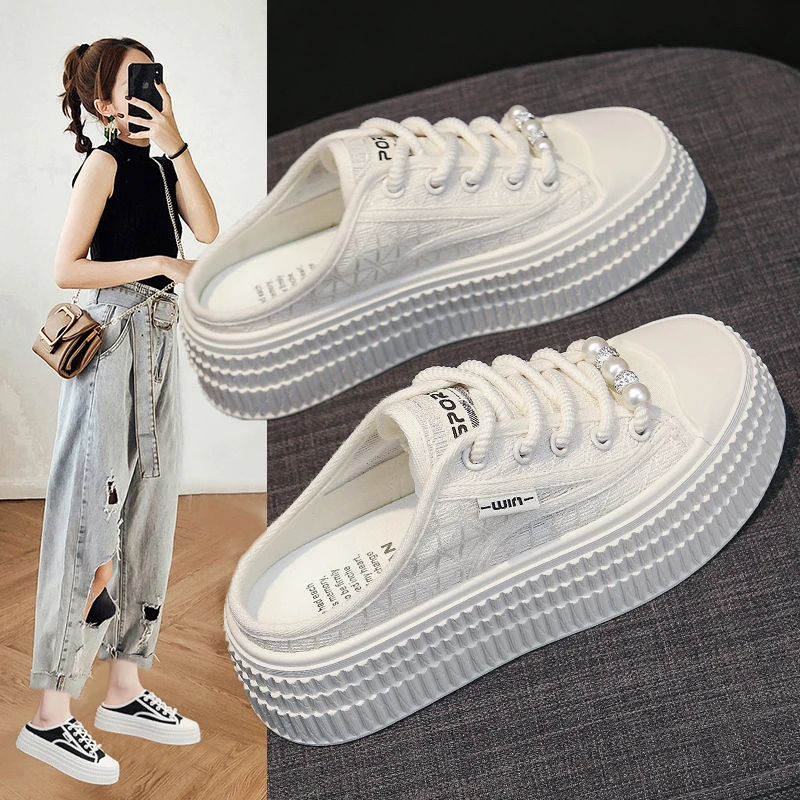 包头半拖鞋女夏季外穿2025新款无后跟懒人凉拖透气网面休闲小白鞋