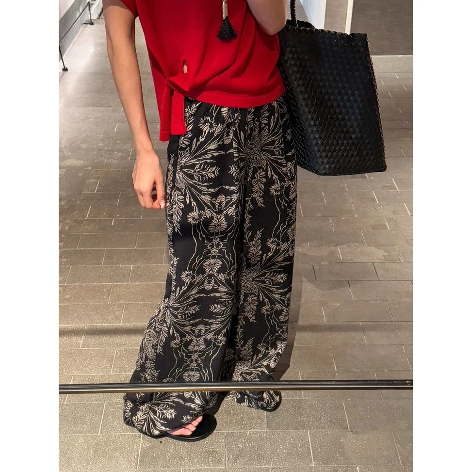 复古印花人丝垂感阔腿裤女2025夏季爆款宽松遮肉高级感休闲拖地裤