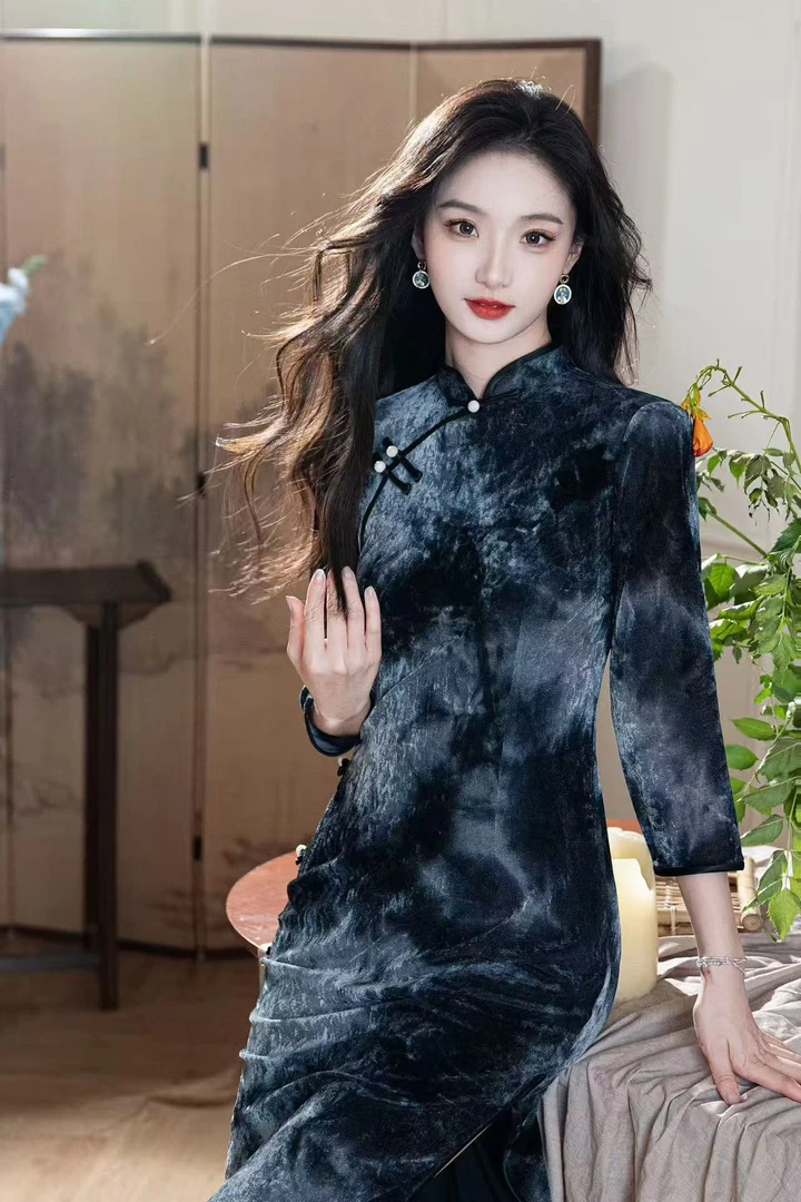 墨染雪尼尔加厚常规袖低开衩长裙复古风日常旗袍中长款时尚气质