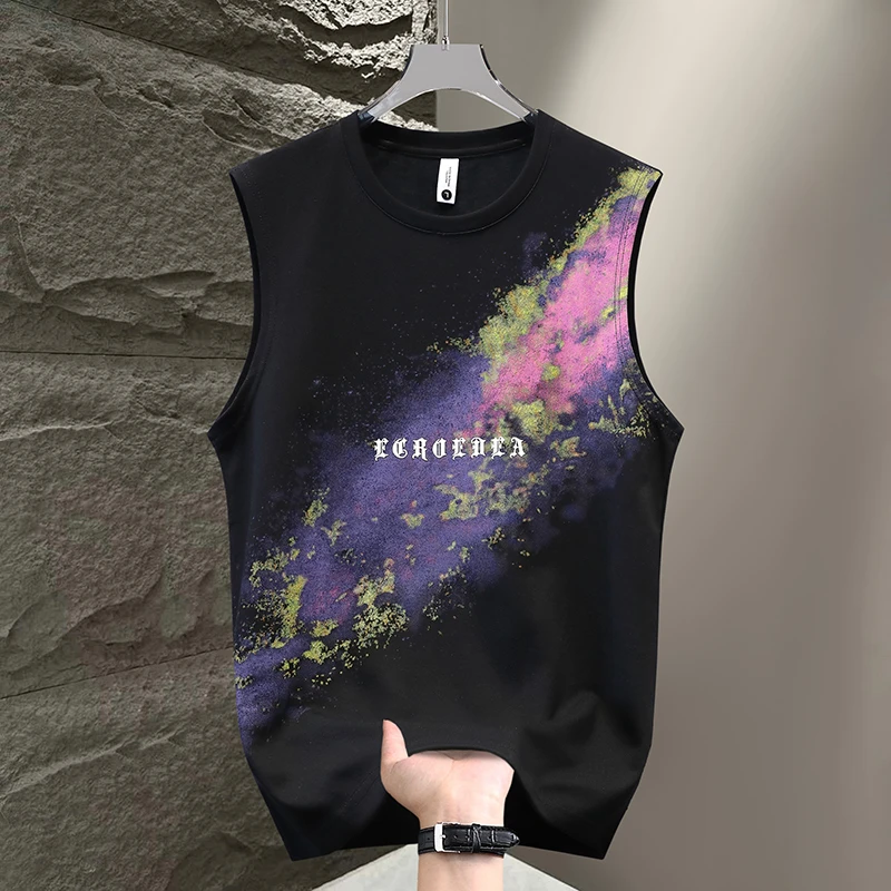 运动男士背心休闲打底汗衫透气健身宽松型印花薄款圆领无袖上衣服