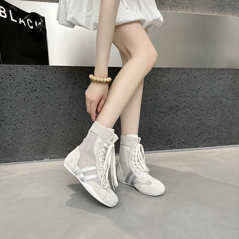 透气网面厚底短靴女鞋2025夏季新款百搭配裙子高帮德训鞋拳击鞋子