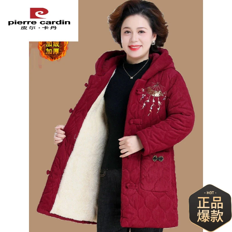 皮尔卡丹妈妈衣民族风绣花中老年服女2023新款灯芯绒冬季加绒加厚