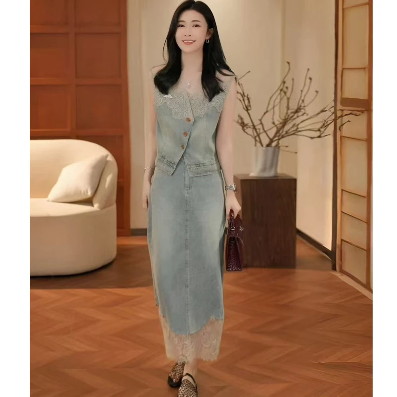 巴洛克韵25年春夏轻奢风欧若风设计师款高级拼接牛仔套装裙子夏季