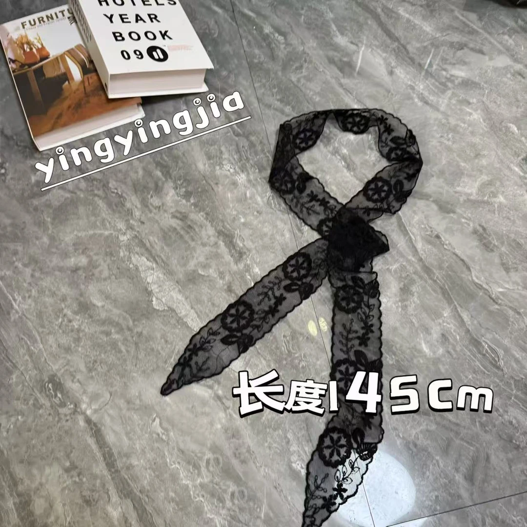 【乔家】SJ0002气质百搭蕾丝刺绣丝巾女士时尚镂空复古黑色
