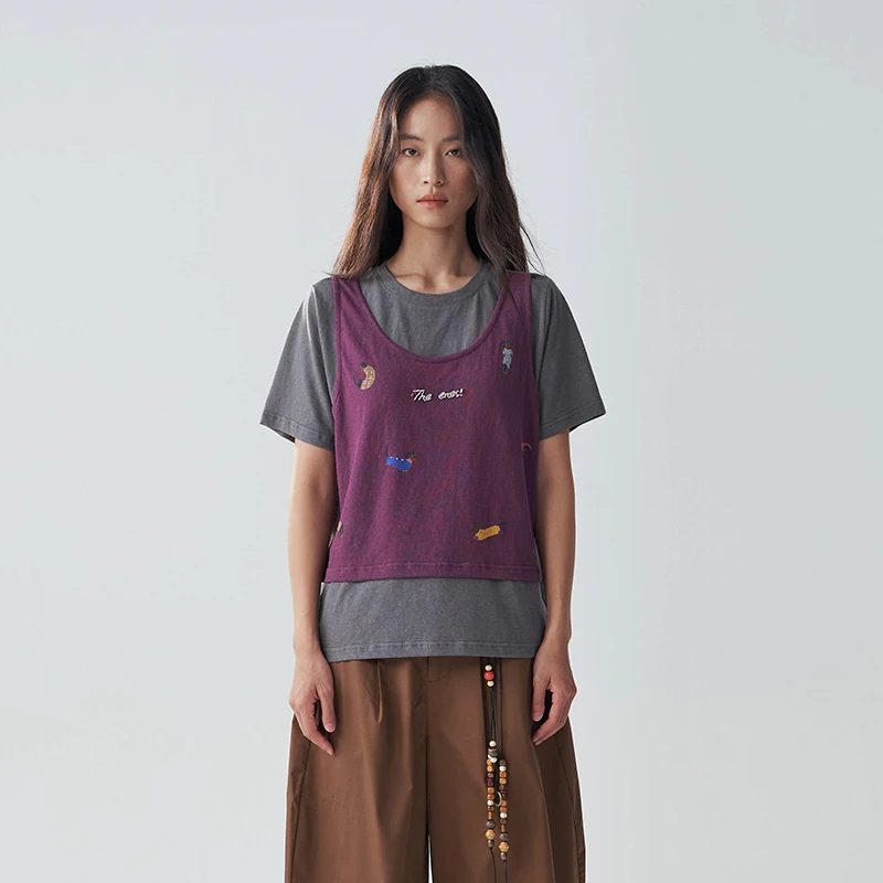 THE ENES 趣味腊肠狗撞色拼接假两件T恤女宽松上衣