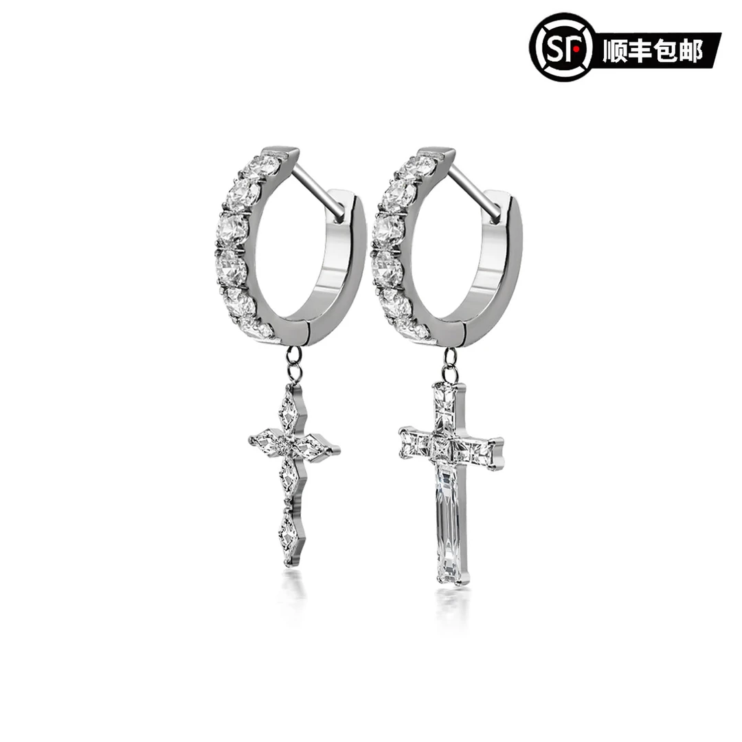 合金锆石耳饰 钛合金锆石菱形T方锆十字架耳环ES262
