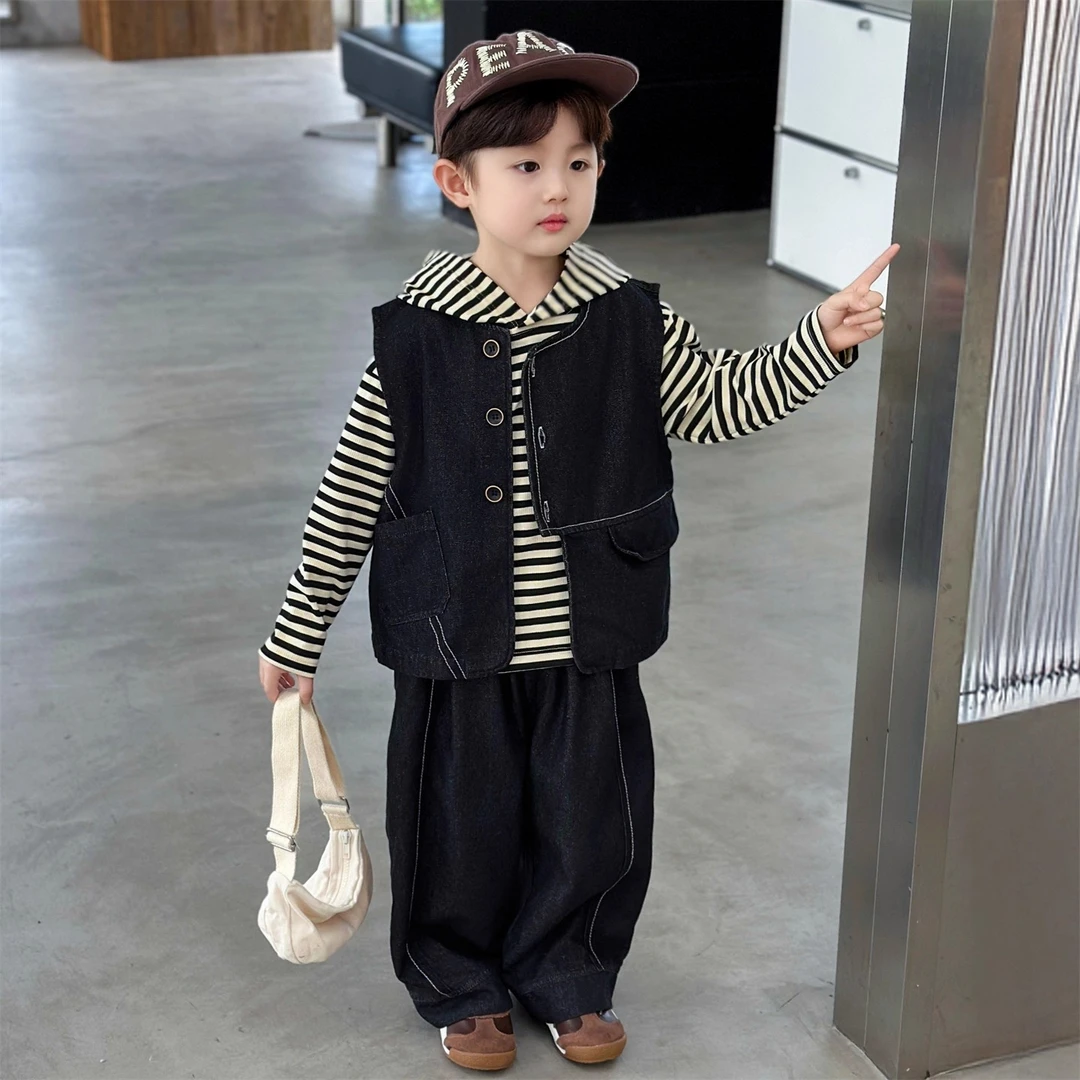 男童套装春秋款2025新款酷帅洋气儿童牛仔马甲三件套宝宝春季套装