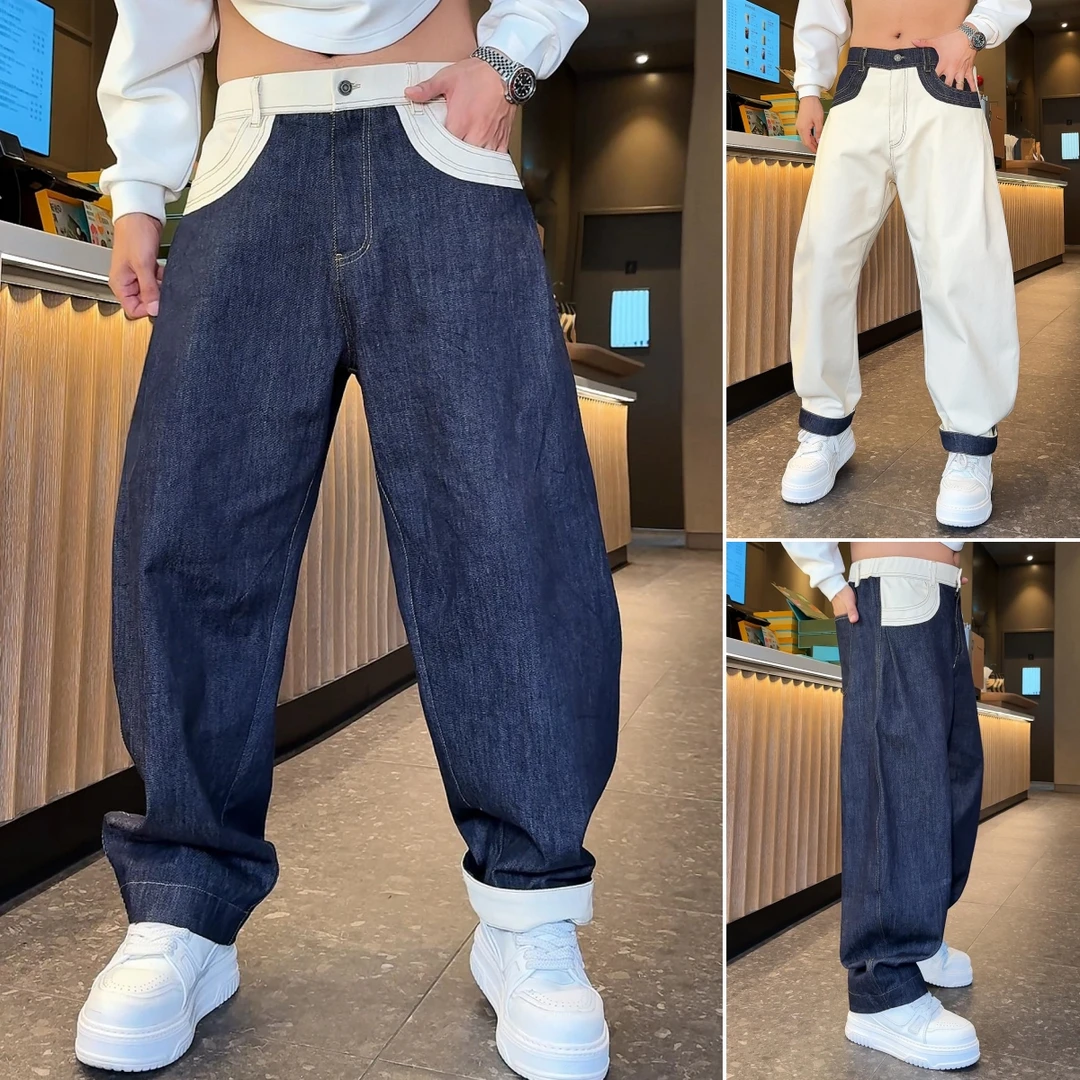 2025秋冬新款时尚色织撞色牛仔裤直筒宽松型潮流高街百搭休闲裤男