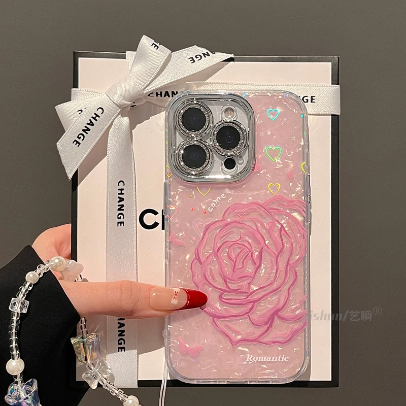 温柔线条粉玫瑰15镜头全包适用苹果16promax手机壳唯美款iphone16