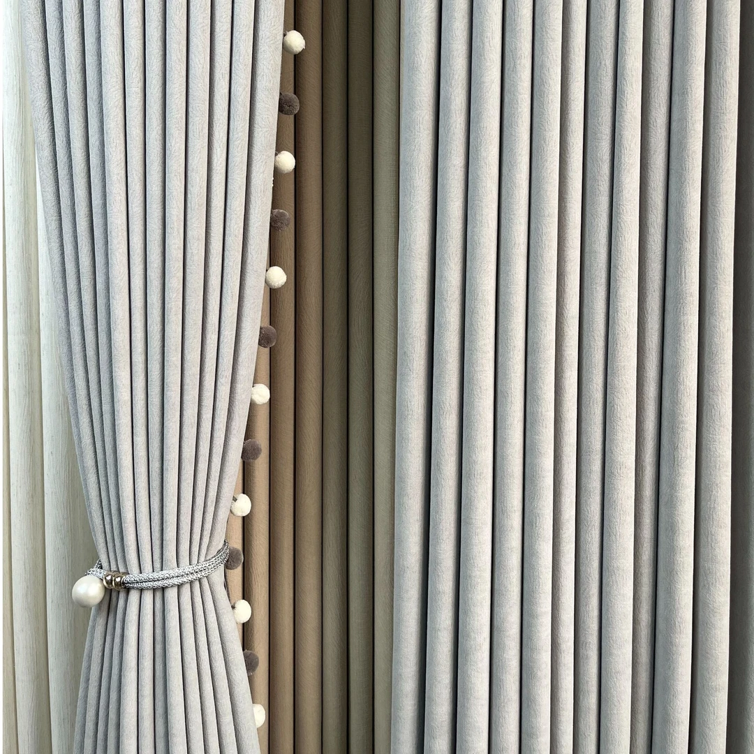 陌上花开2025新款灰色提花雪尼尔客卧两用带可拆卸花边高端窗帘