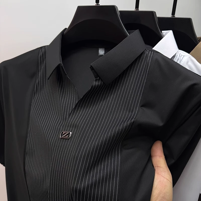 优桓高端冰丝衬衫领短袖t恤男夏装条纹保罗polo衫男半袖体恤衣服