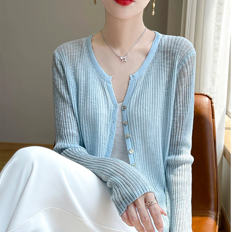 夏季上新竹节麻圆V领薄款防晒开衫时尚百搭纯色女长袖空调衫丝滑