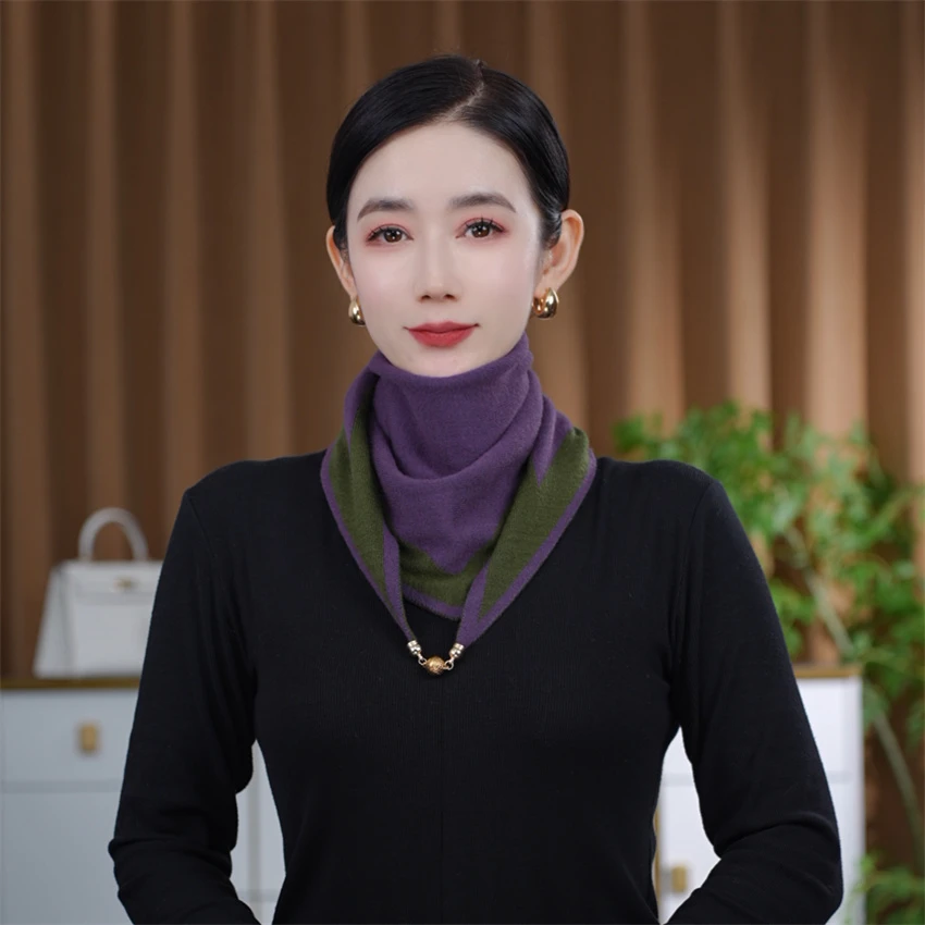 新款时尚百搭双面双色针织三角磁扣围巾