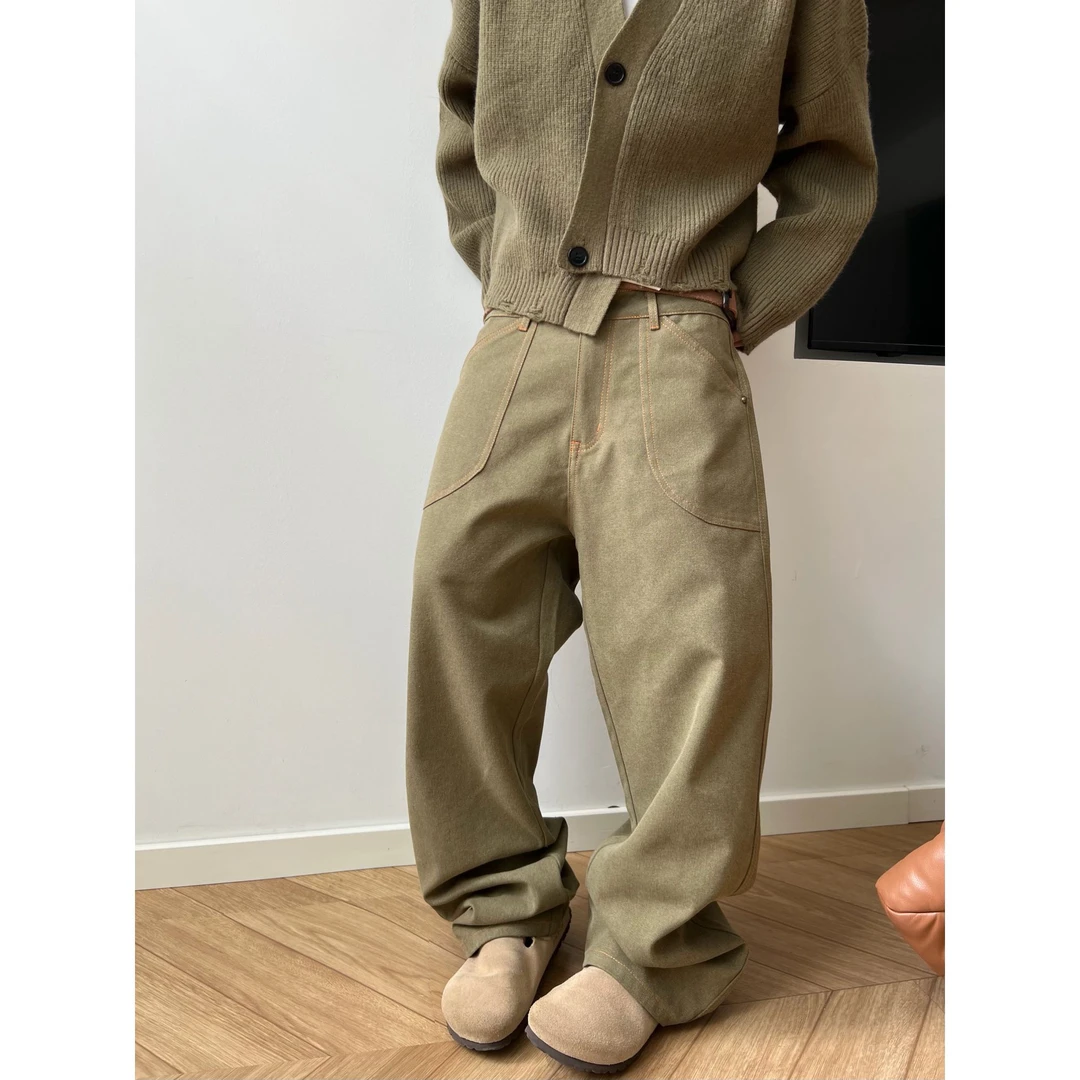 dannyandzee秋季百搭街头重磅水洗帆布合身小直筒铆钉工装裤853