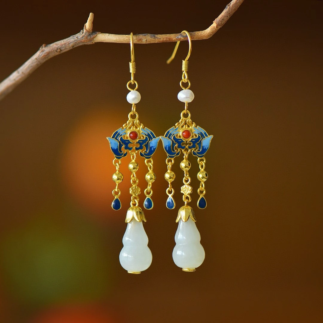 S925银镶嵌天然和田玉葫芦流苏耳坠新中式珐琅耳环复古耳饰7879