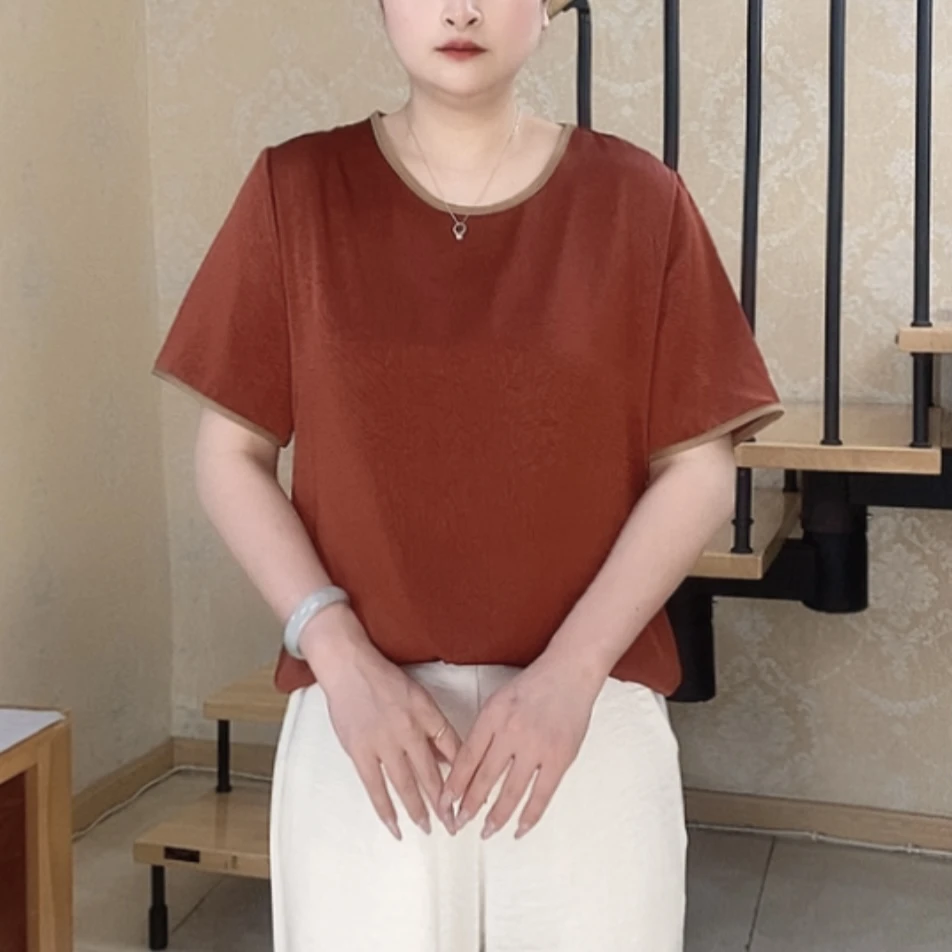 中老年女装百搭薄款短袖简约纯色女装圆领休闲气质短袖