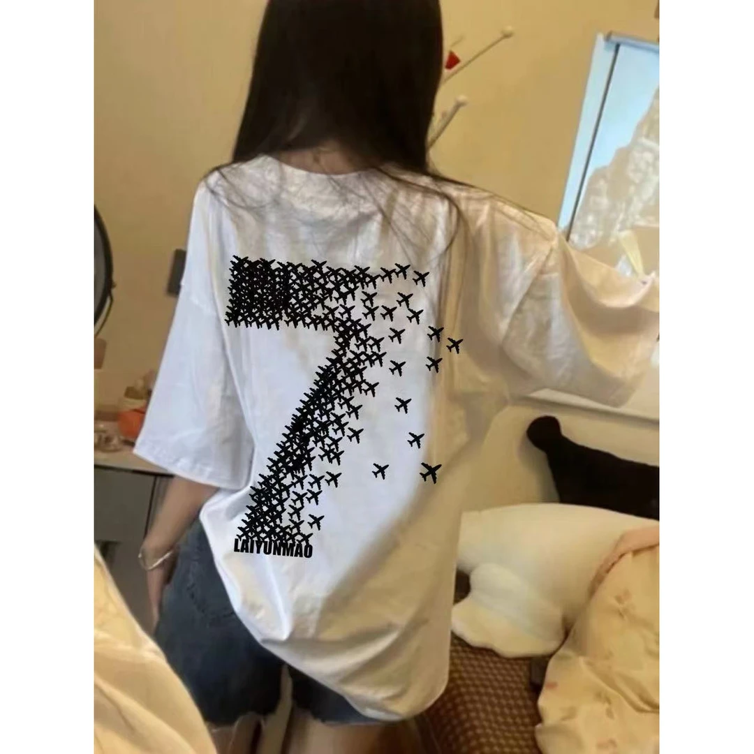 100%纯棉潮牌美式数字印花短袖慵懒休闲T恤新款情侣夏季宽松上衣