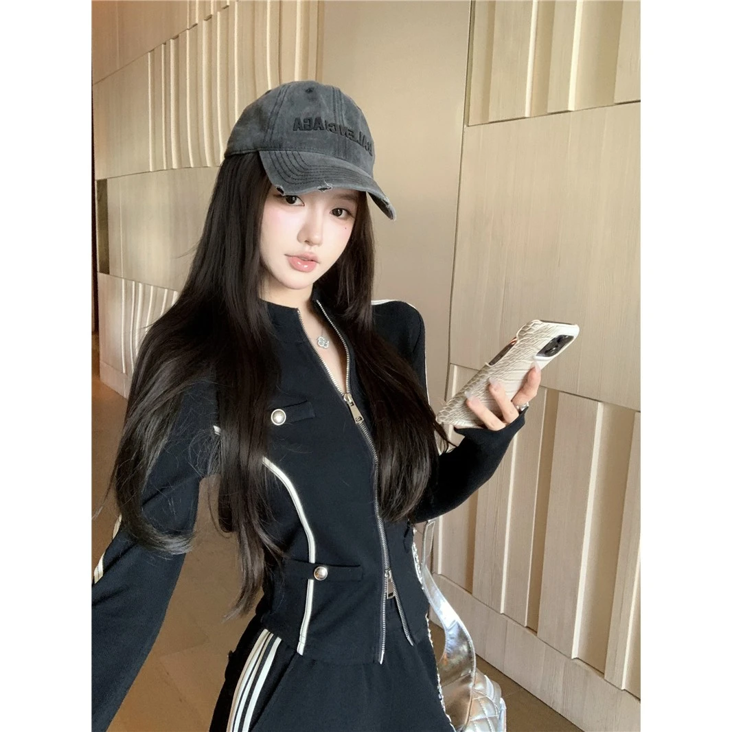 A618小香风长袖双拉链外套女秋季运动套装休闲裤阔腿裤两件套