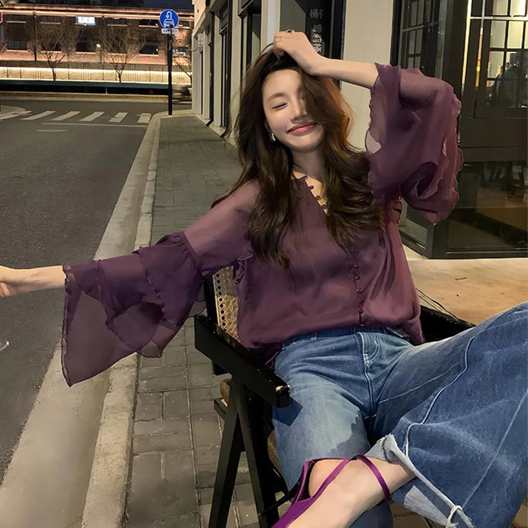 法式紫色气质喇叭袖雪纺衬衫女2025春季新款时尚洋气宽松休闲上衣